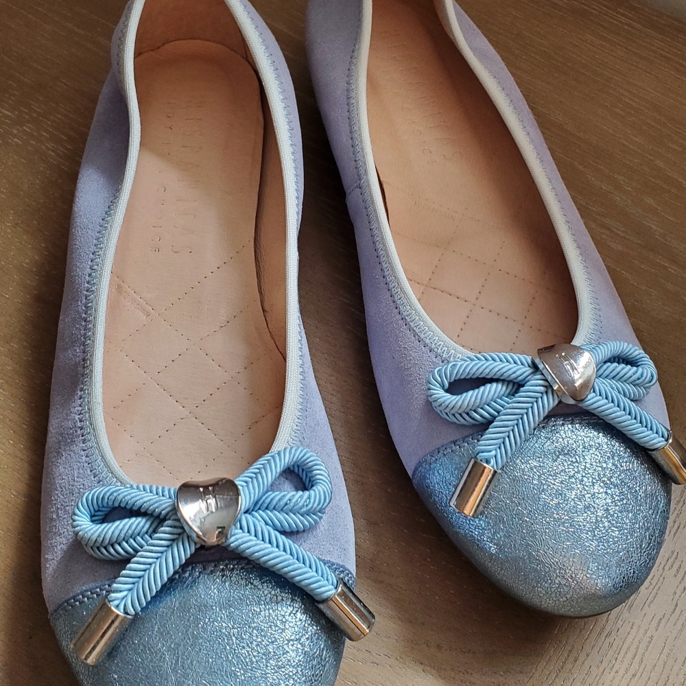 Ballerina Leather Flats - Suede, Periwinkle Blue With Silver Bow - Made In Spain - Picture 3 of 15